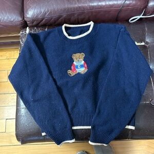 Cider Navy Blue Teddy Patch Crewneck Sweater with Cream Trim